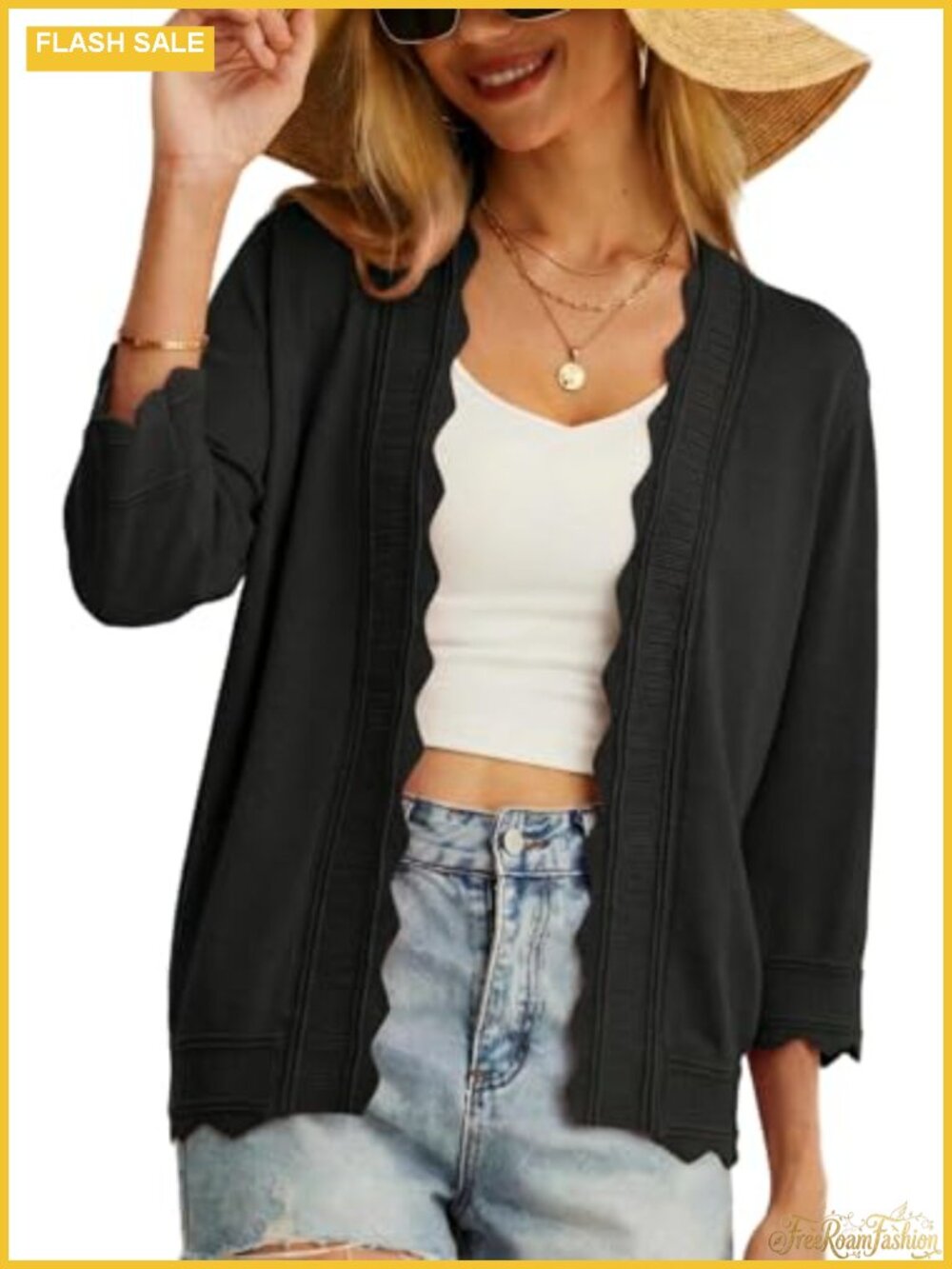 Lightweight Summer Cardigan 3/4 Sleeve Open Front Scalloped Trim Knit Cropped